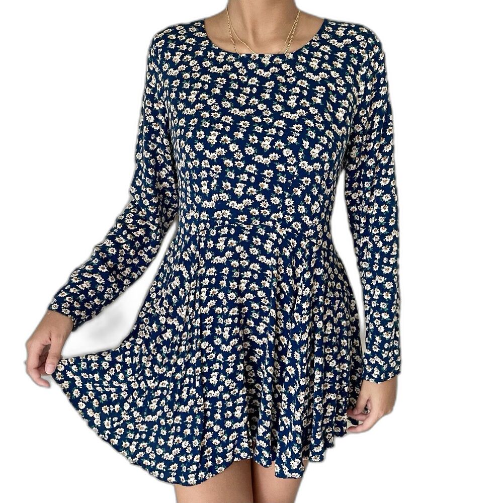 UMGEE 90s Long Sleeve Short Skater Mini Dress S Navy Blue Tan Ditsy Floral Cute